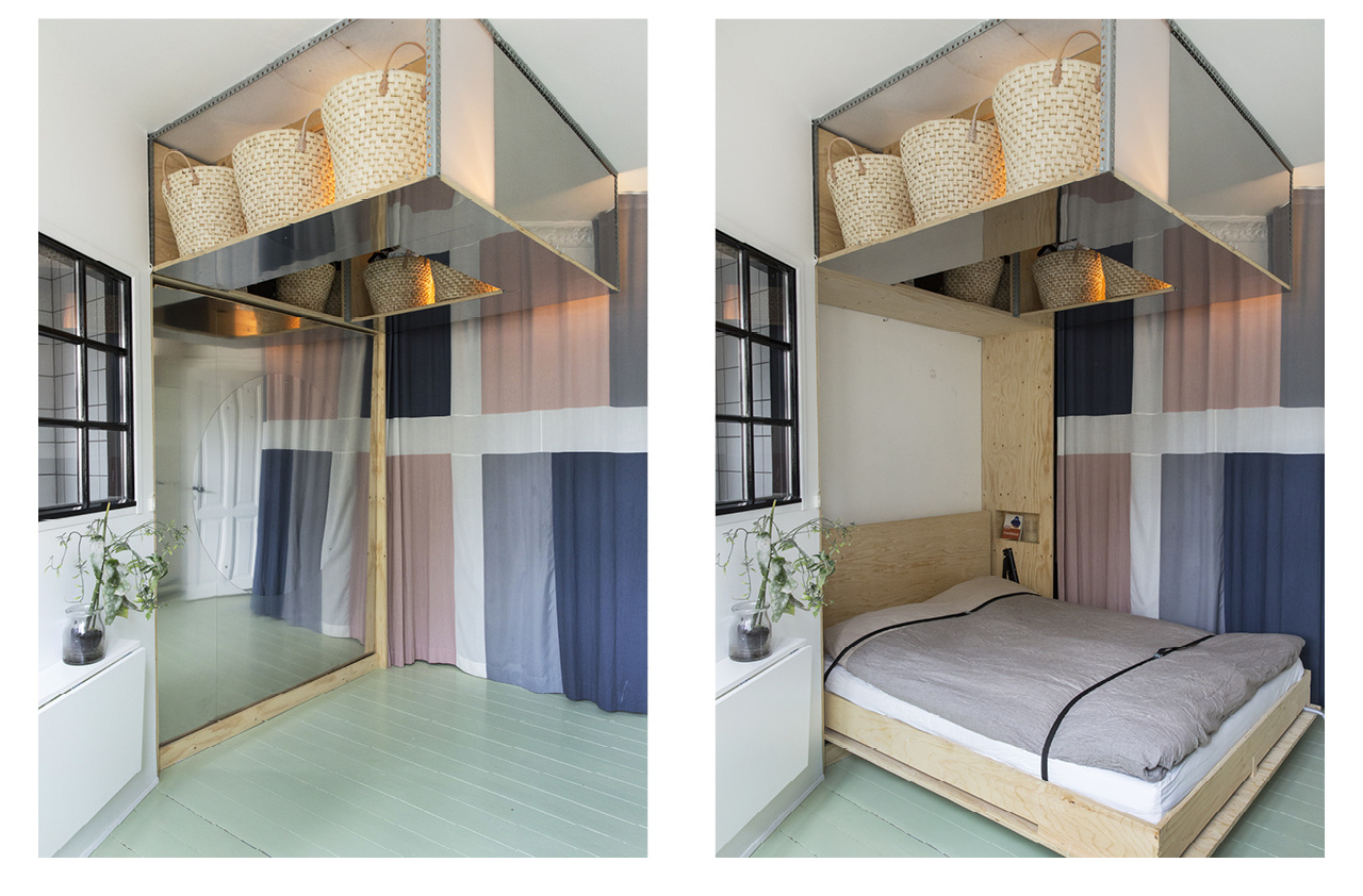 客房裡的床折進牆裡後,變身成一面大鏡子,房間瞬間成為休息室、健身房。圖/Spacon & X